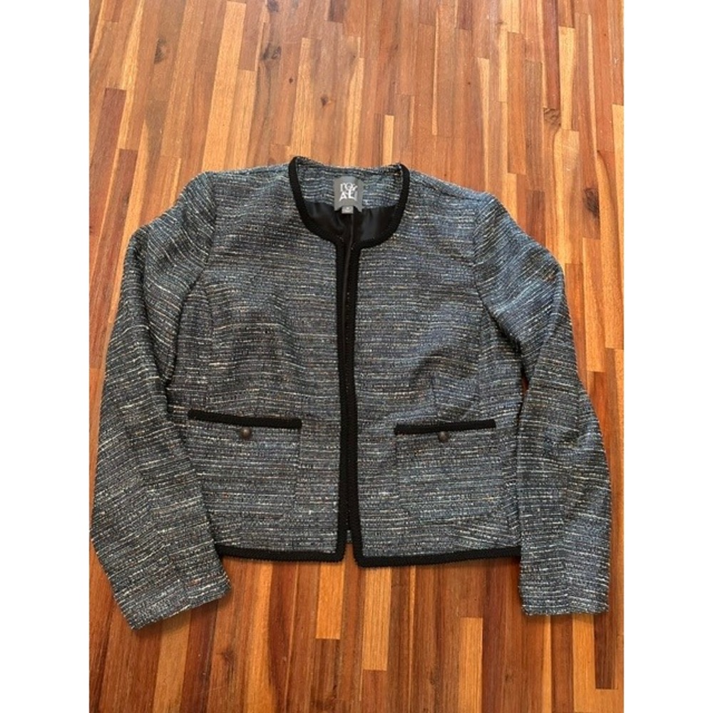 Roz & Ali Womens Blue Gray Tweed Collarless Open Front Blazer Jacket Size M